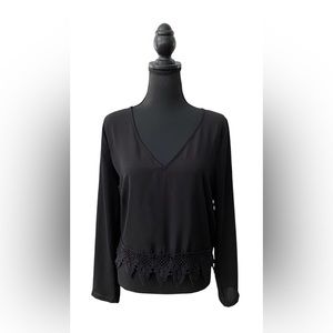 Eoote: Black Cropped long Sleeve Shirt with Lace Cotton Trim